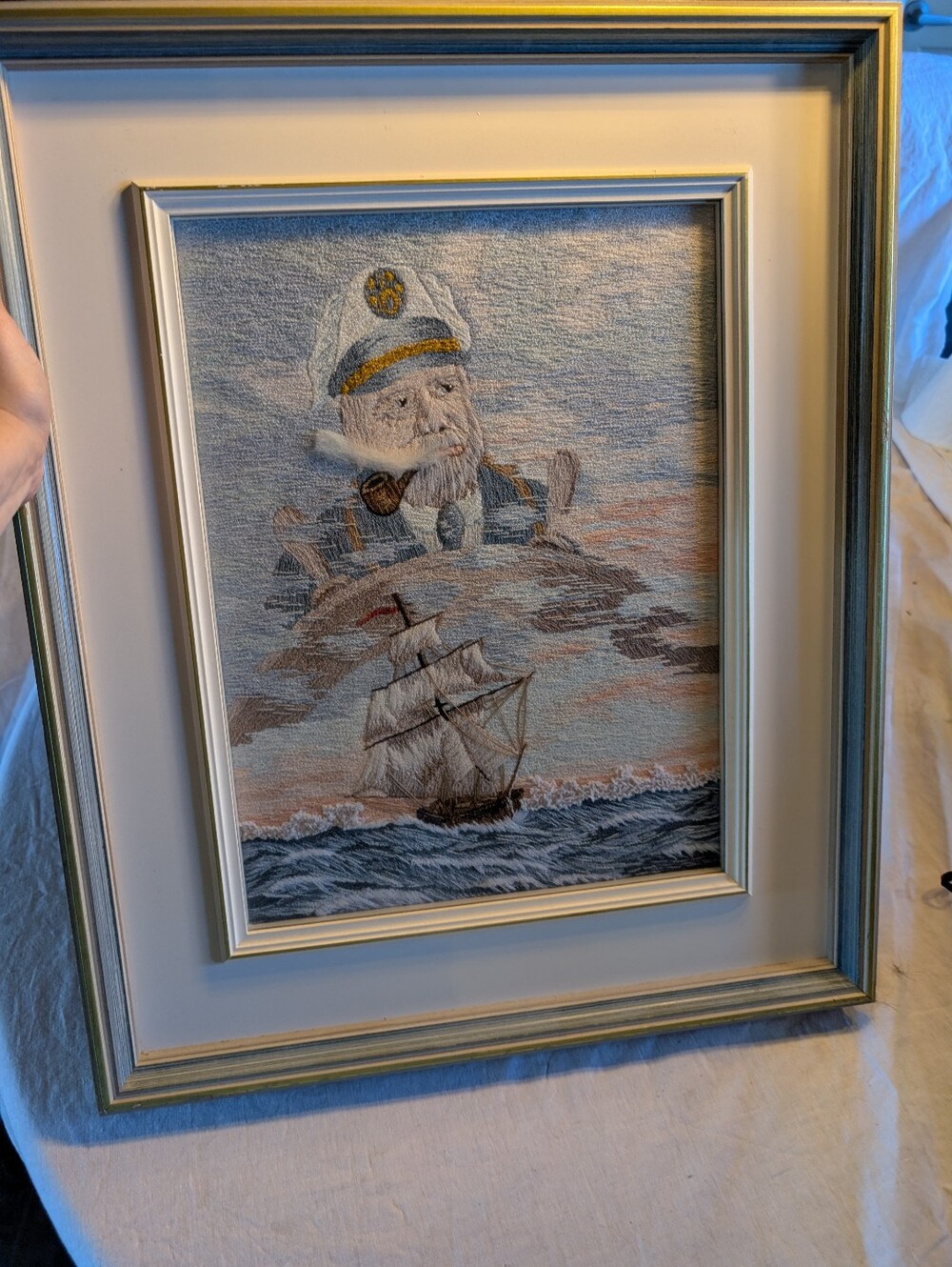 Vintage Nautical Captain Embroidered Wall Art - Blue, White & Tan